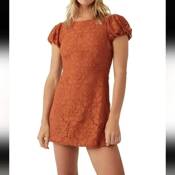 Free People Hailee copper lace short puff sleeve mini dress (M) - Picture 1 of 13